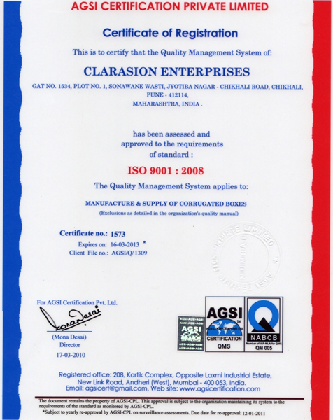 ISO 9001 : 2008 Certificate clarasion enterprises - manufacturer and supply of corrugated boxes